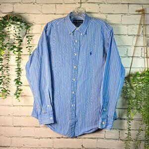 RALPH LAUREN BLUE LABEL MENS BUTTON DOWN LONG SLEEVE BLUE WHITE STRIPE LG
